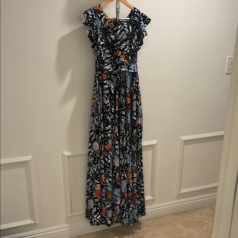 Aqua Black and Blue Ruffled Tie Front Maxi Dress